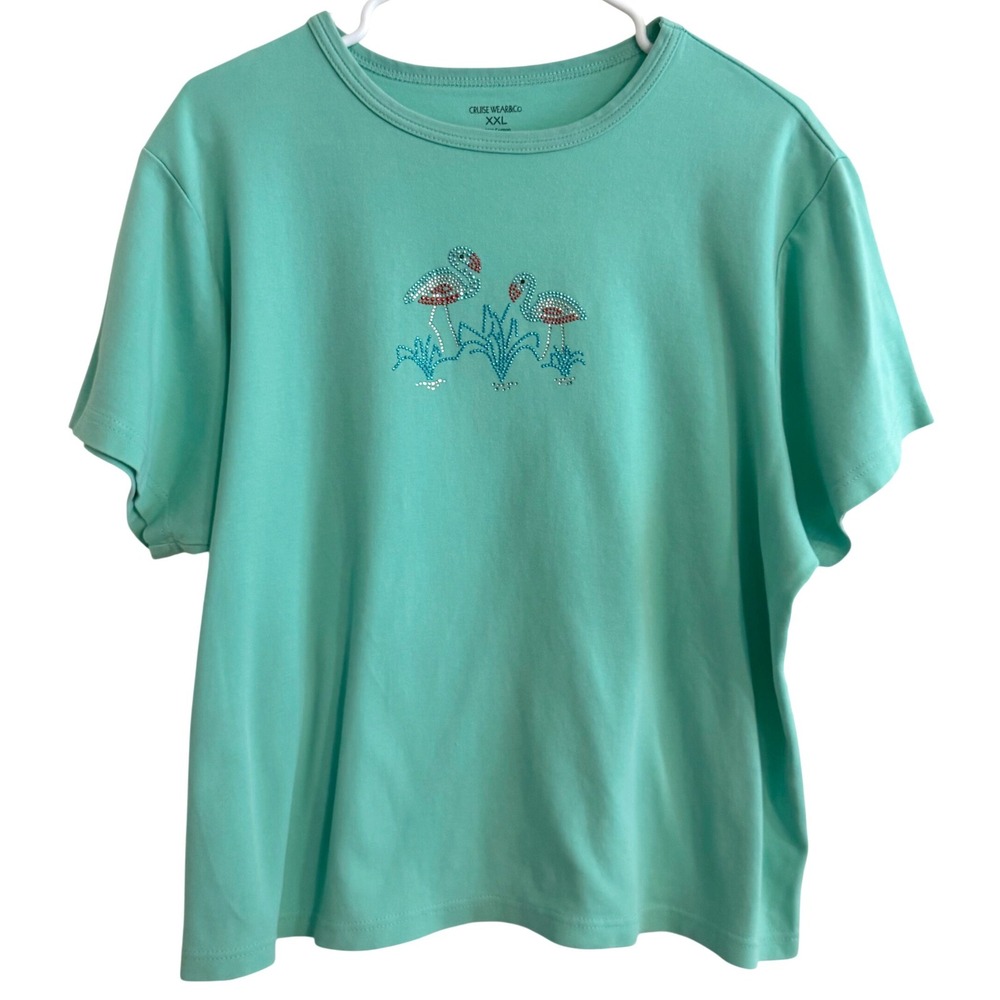 Cruise Wear & Co Women's XXL Flamingo Rhinestone T-Shirt Aqua Cotton